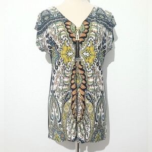 Coco Bianco Women’s Size M Multicolor Paisley Print Zip Front Blouse Made In USA